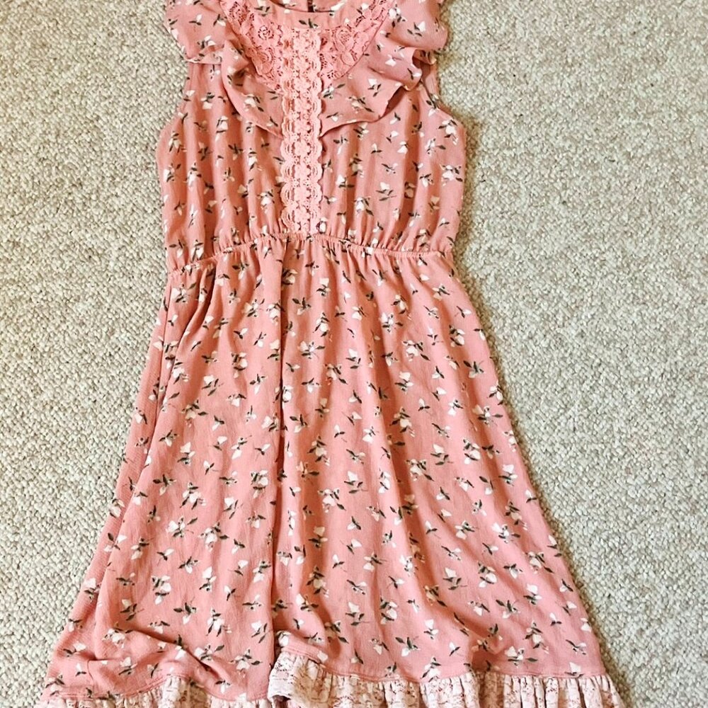 Monteau Girl 14 XL Dusty Rose Pink Floral Flared Dress Crochet Lace